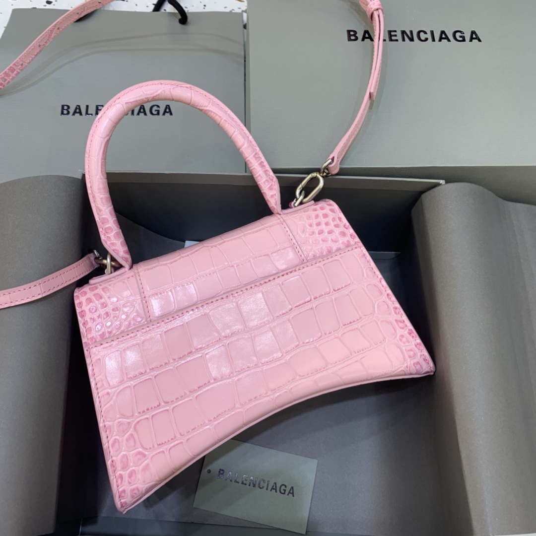 Balenciaga Hourglass Small Handbag Crocodile Embossed Shoulder Bag Pink